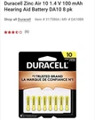 Duracell Zinc Air 1.4V 100AH Size Yellow Hearing Aid Battery DA10 8 Pk. Fixed Price $15.19.