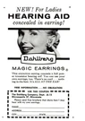 1958 Dahlberg Company: Hearing Aid Concealed Earrings Vintage Print Ad. Fixed Price $7.50.
