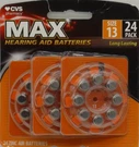 24 Pcs. Cvs Max Hearing Aid Batteries Size 13 # 268431 Exp. 4/2027. Fixed Price $7.99.