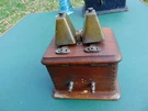 Antique Western Electric Phone Ringer Box Cow Bell Gongs Oak Dovetail Case. Fixed Price $165.00.