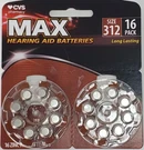 Cvs Max Hearing Aid Packs, Size 312 16 PACKS-64 Total Batteries. Fixed Price $19.99.